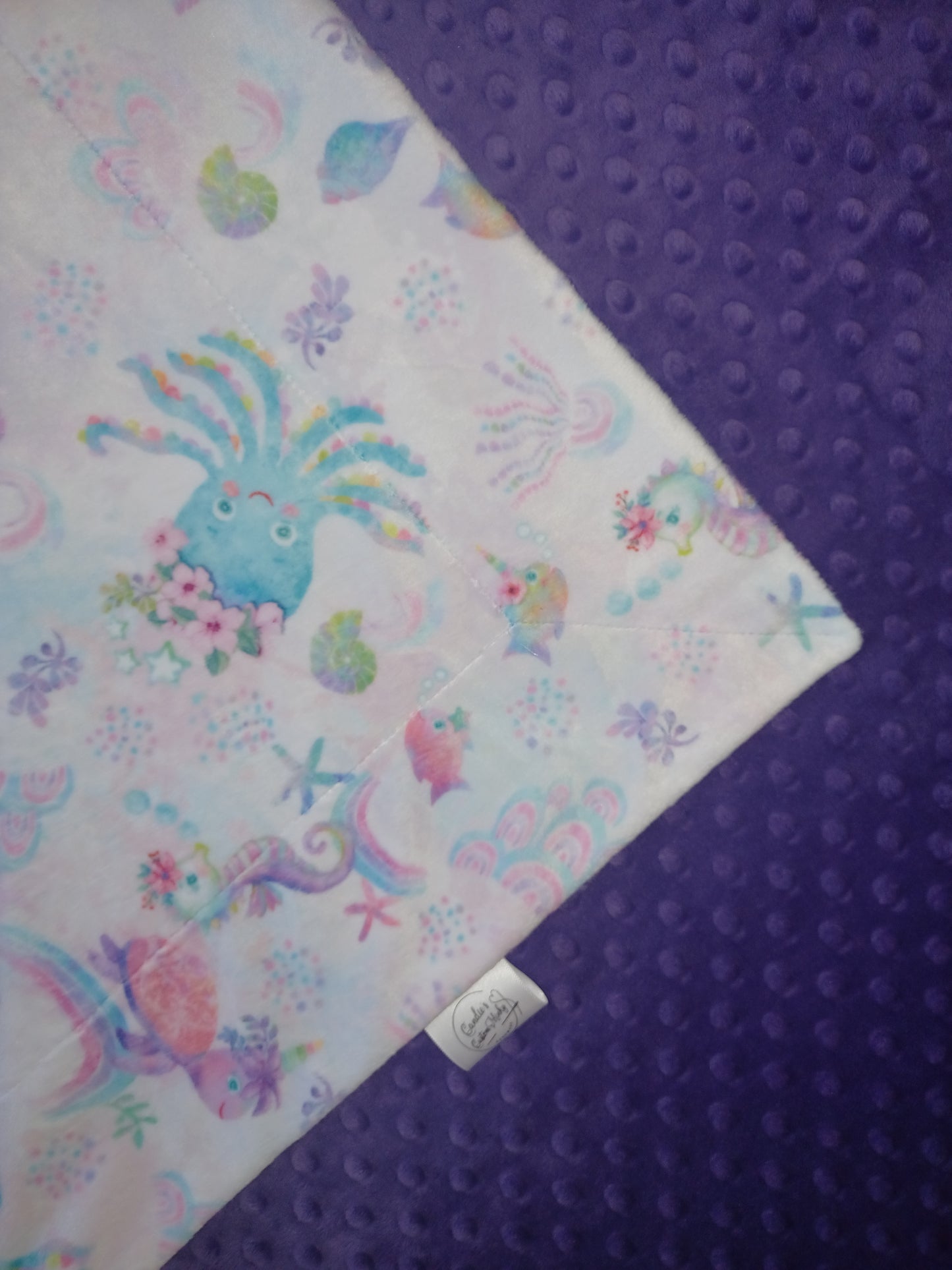 30x36 Sea life printed Minky on amethyst dimple dot