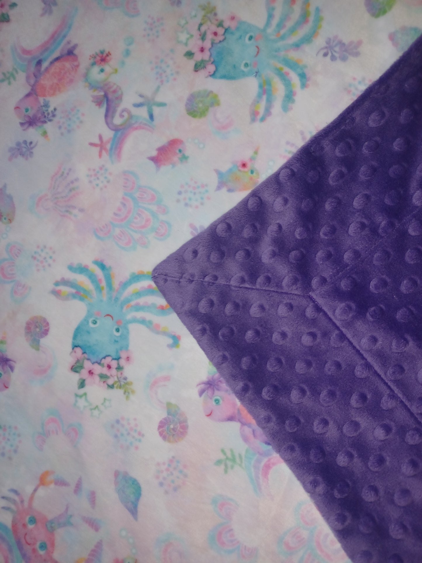 30x36 Sea life printed Minky on amethyst dimple dot