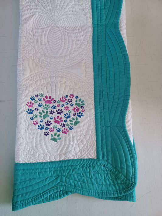 36x45 embroidered paws heart heirloom quilt