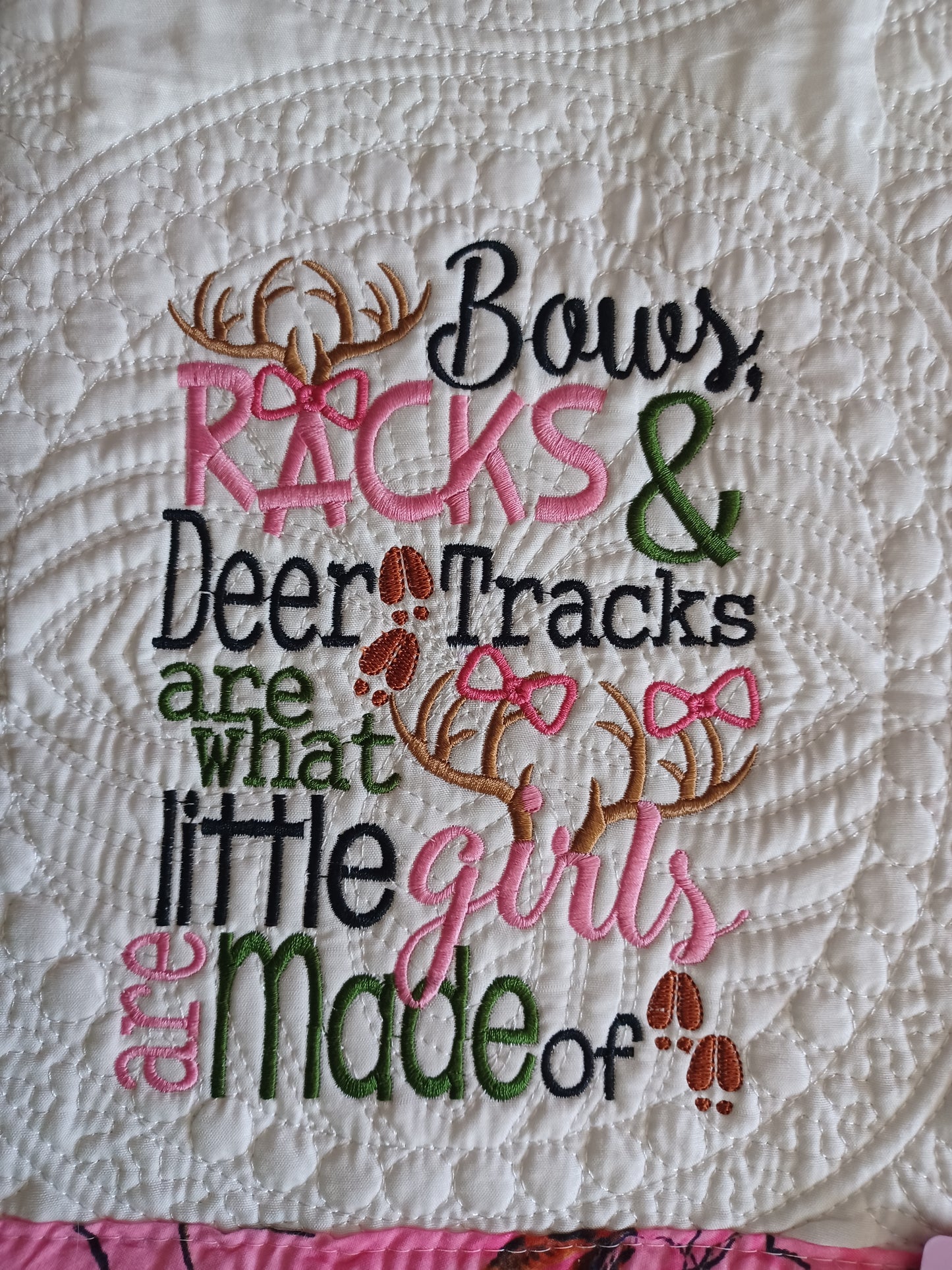 36x45 bows, rack, deer tracks embroidered heirloom quilt