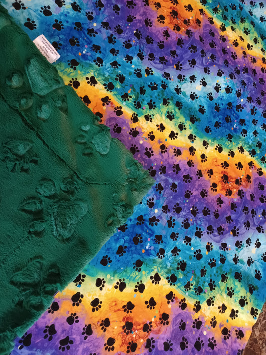 28x36 rainbow paw print minky on emerald embossed paws