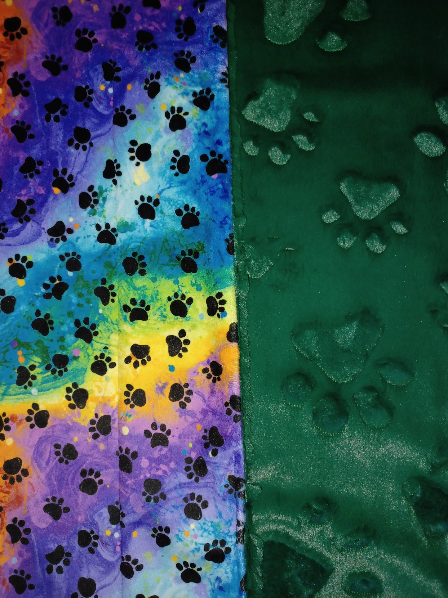 28x36 rainbow paw print minky on emerald embossed paws