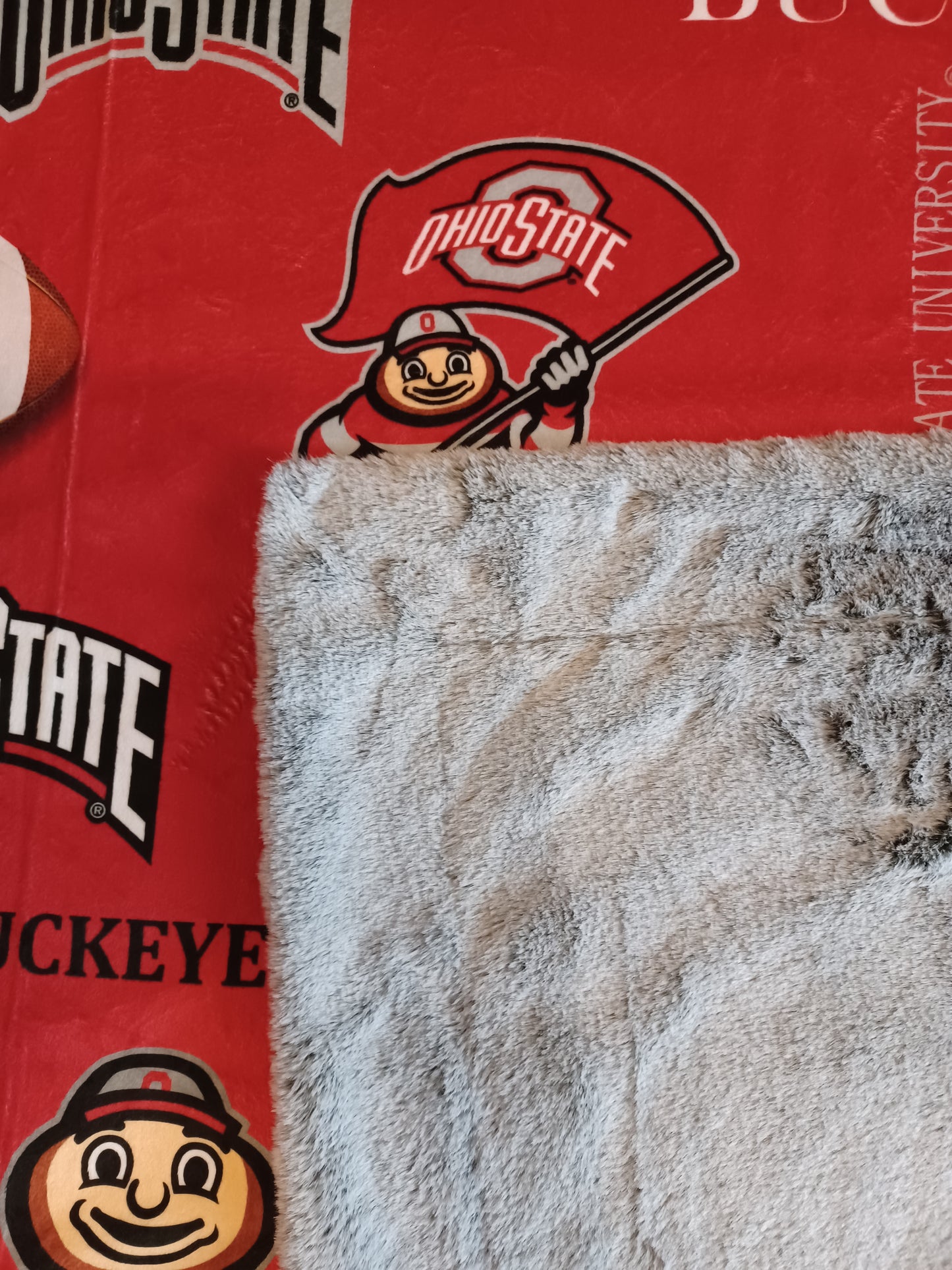 60x55 collegiate football printed Minky on silver glazed frost