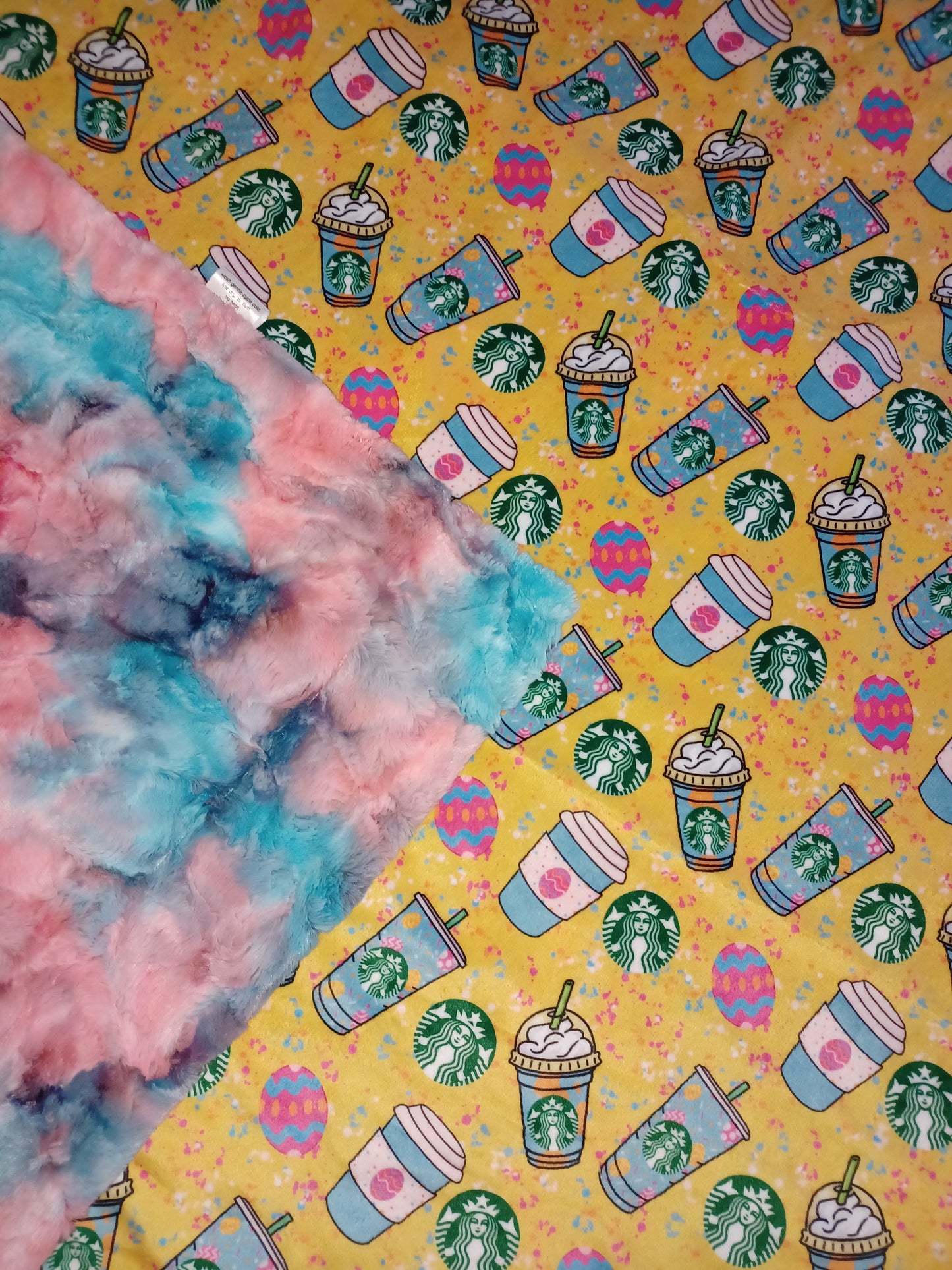 60x63 Easter coffee print minky on Miami sorbet