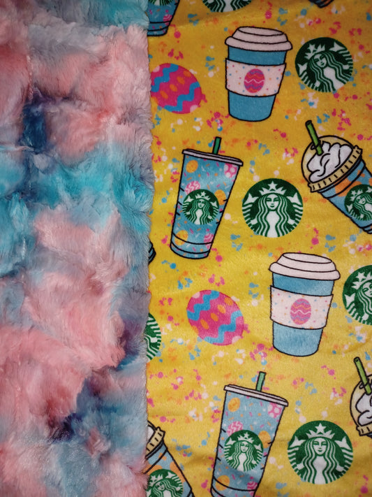 60x63 Easter coffee print minky on Miami sorbet
