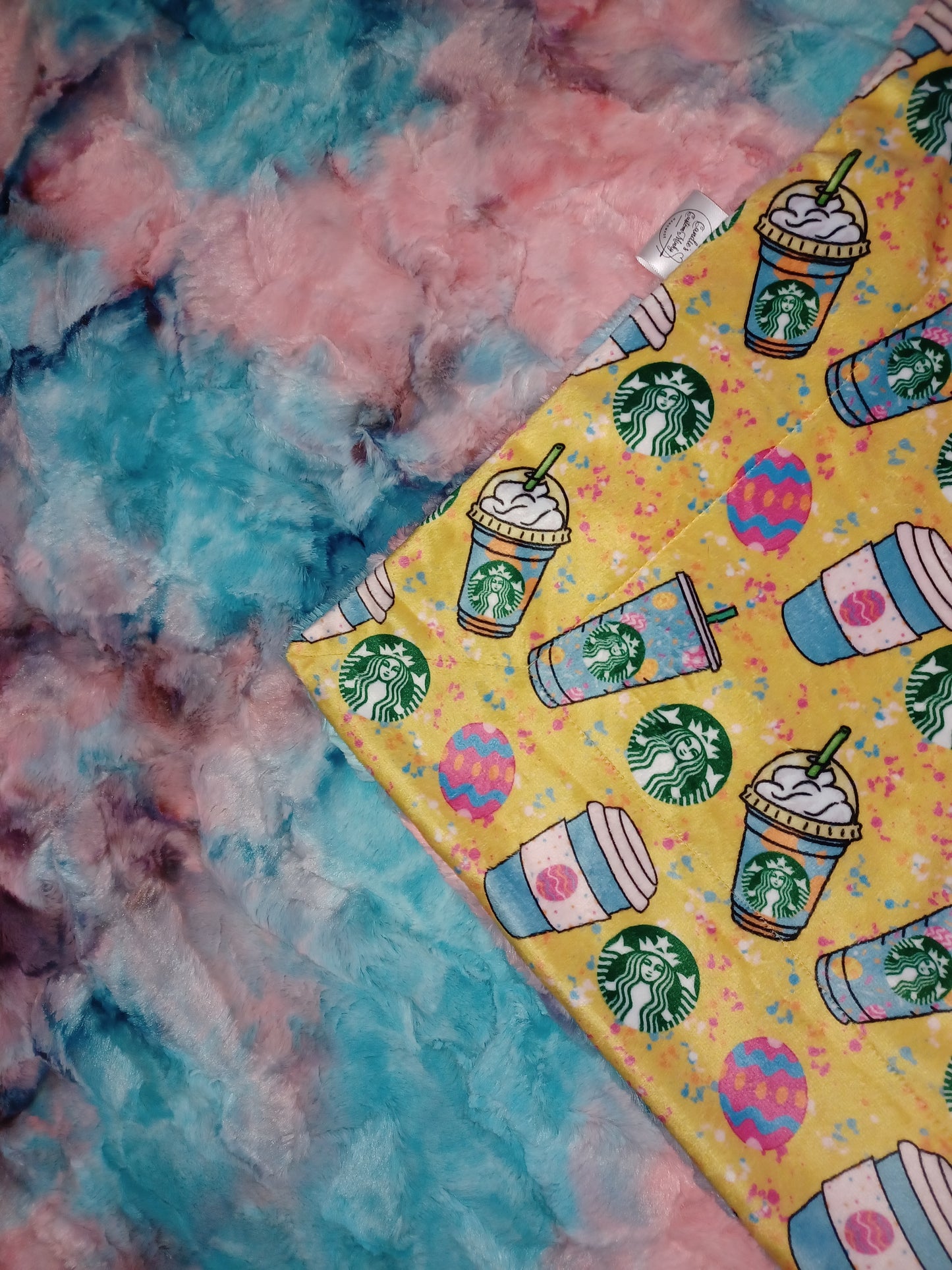 60x63 Easter coffee print minky on Miami sorbet