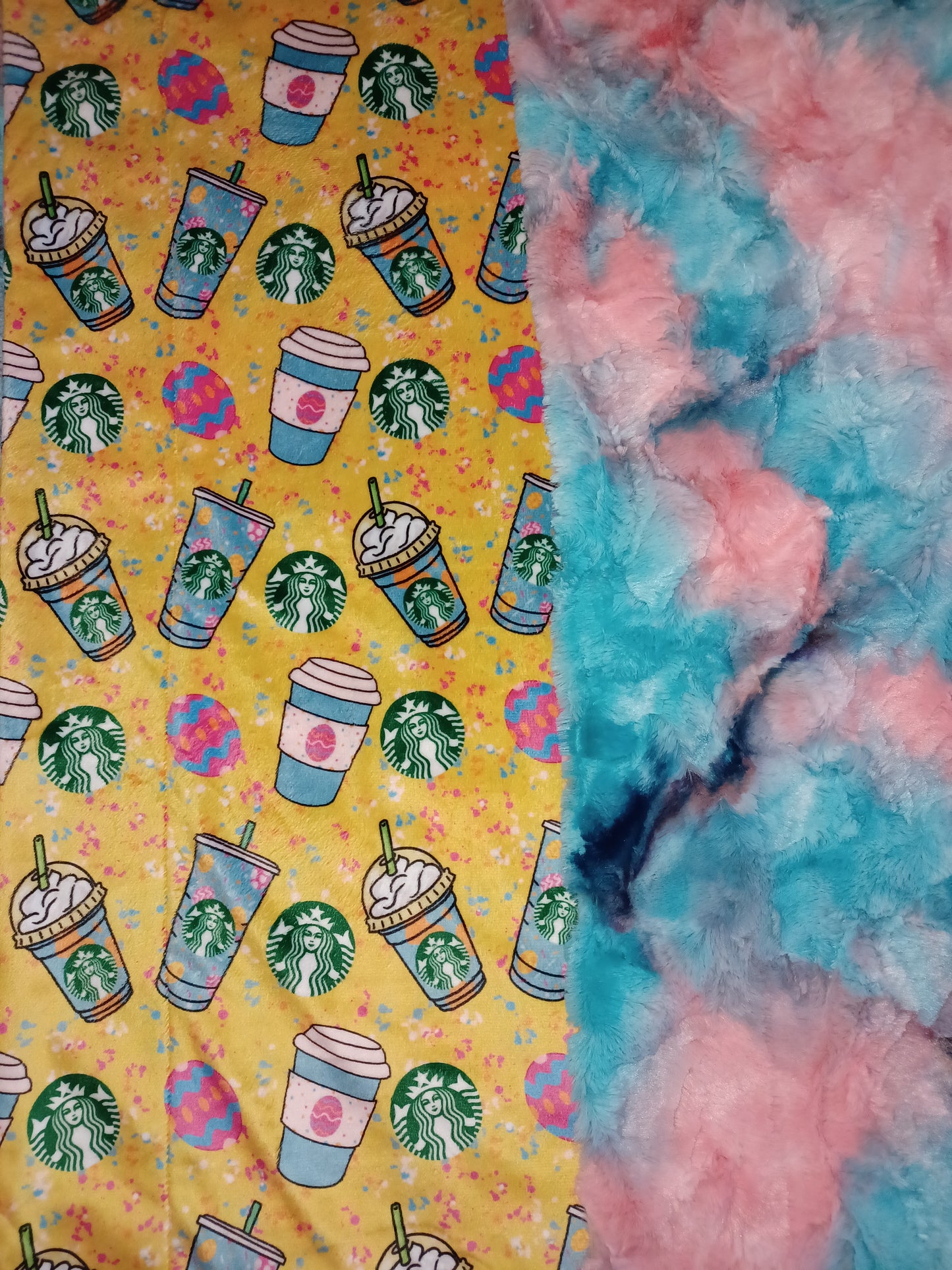 60x63 Easter coffee print minky on Miami sorbet