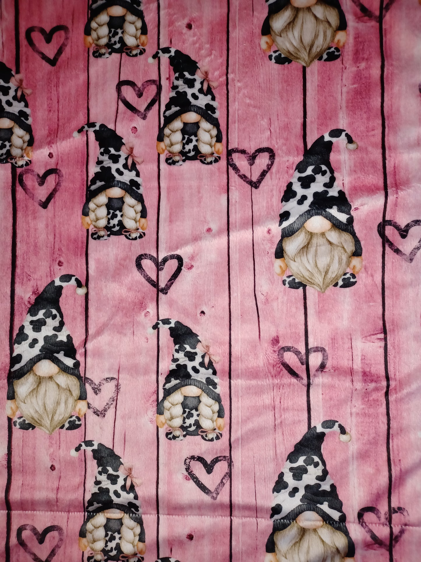 34x60 Heart cow gnome print minky on black dimple dot