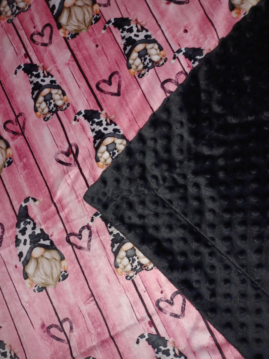 34x60 Heart cow gnome print minky on black dimple dot