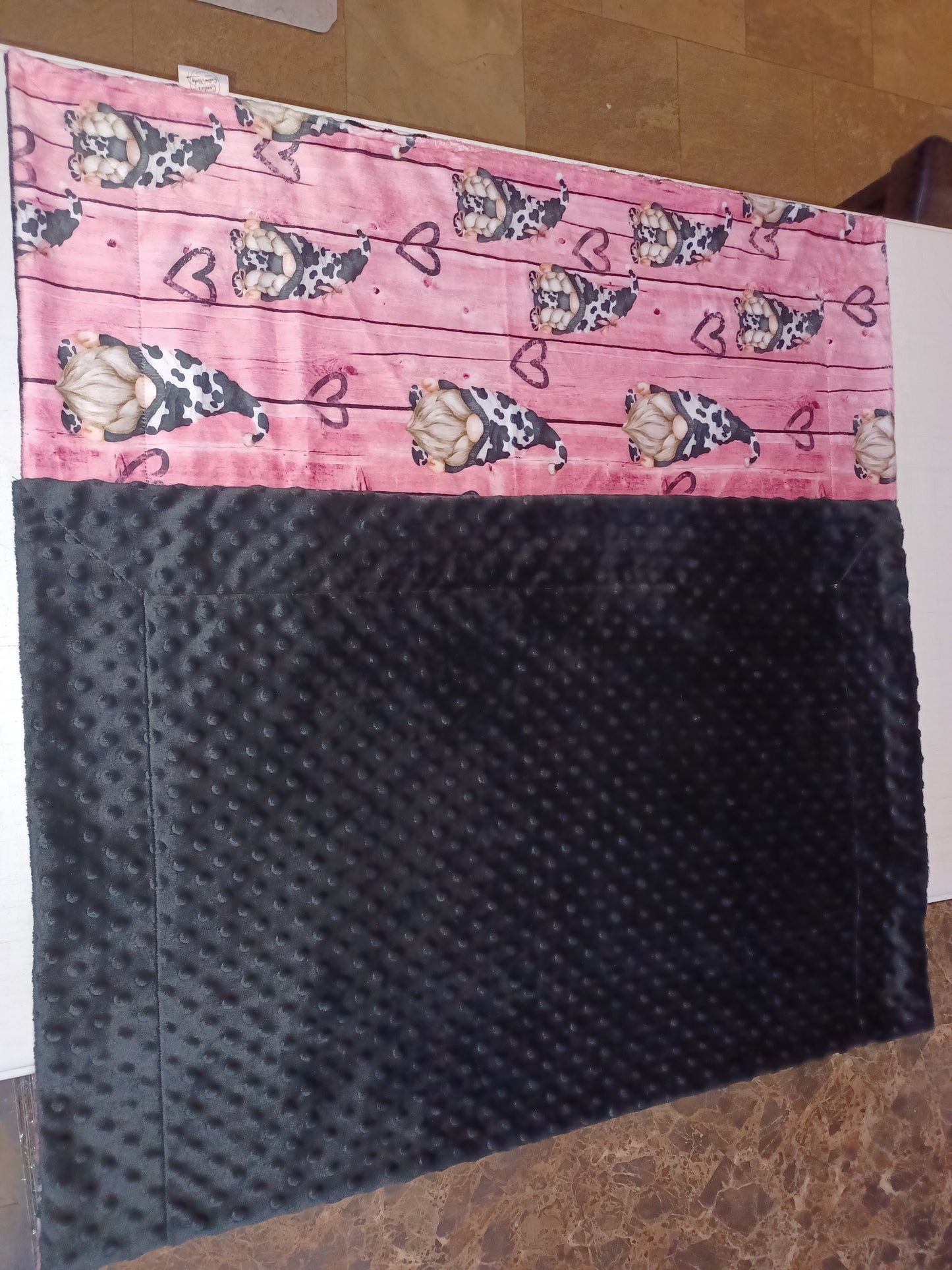 34x60 Heart cow gnome print minky on black dimple dot