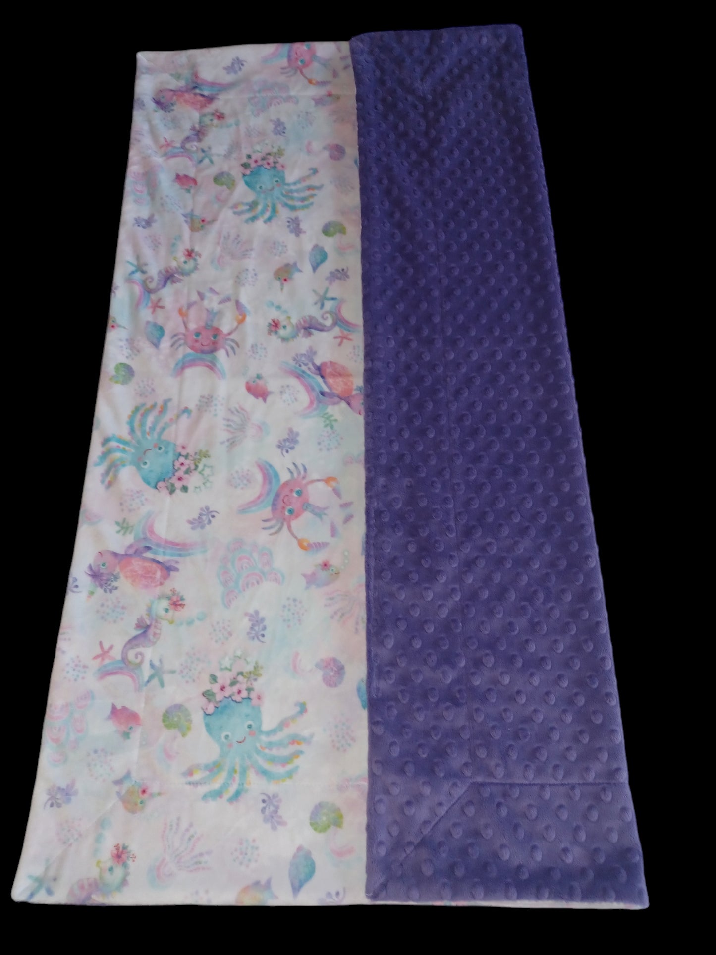 30x36 Sea life printed Minky on amethyst dimple dot