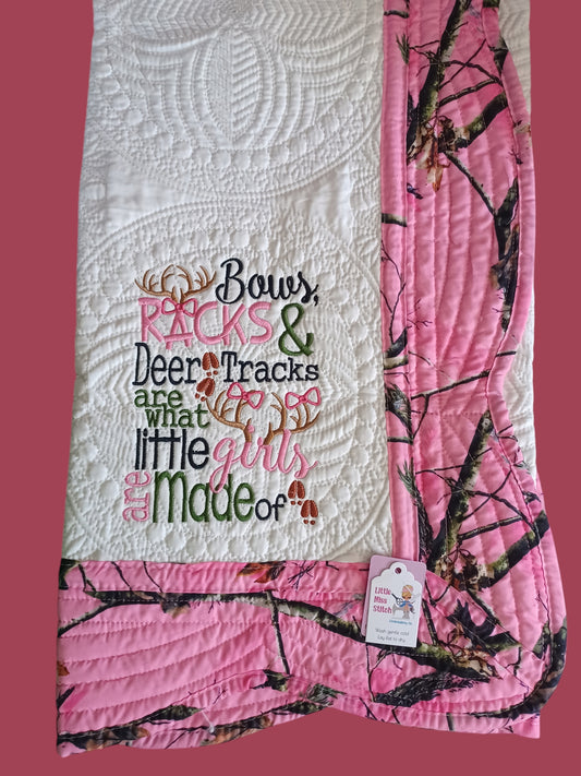 36x45 bows, rack, deer tracks embroidered heirloom quilt