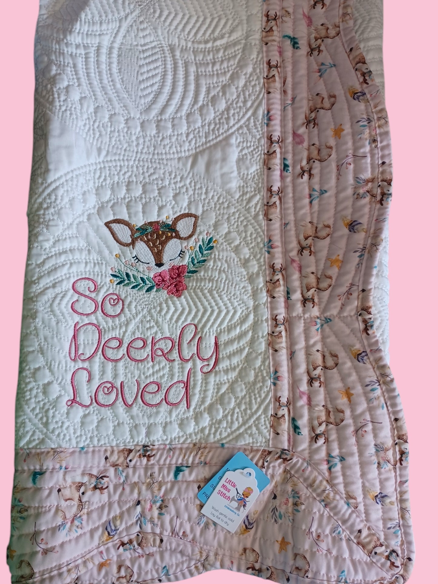36x45 deerly loved embroidered heirloom quilt