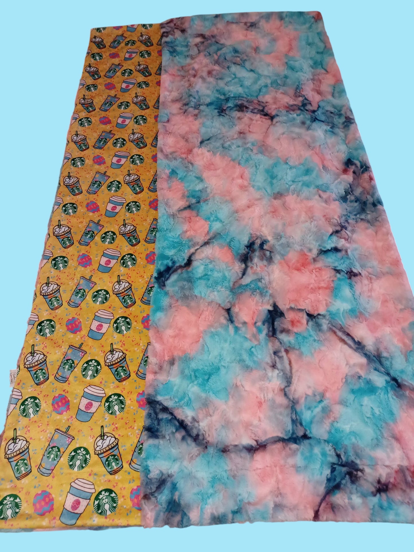 60x63 Easter coffee print minky on Miami sorbet