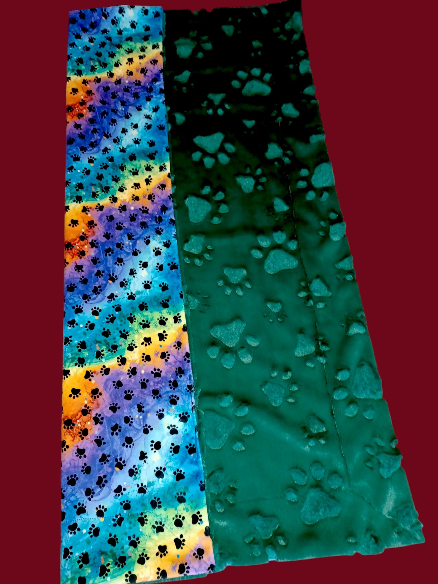 28x36 rainbow paw print minky on emerald embossed paws