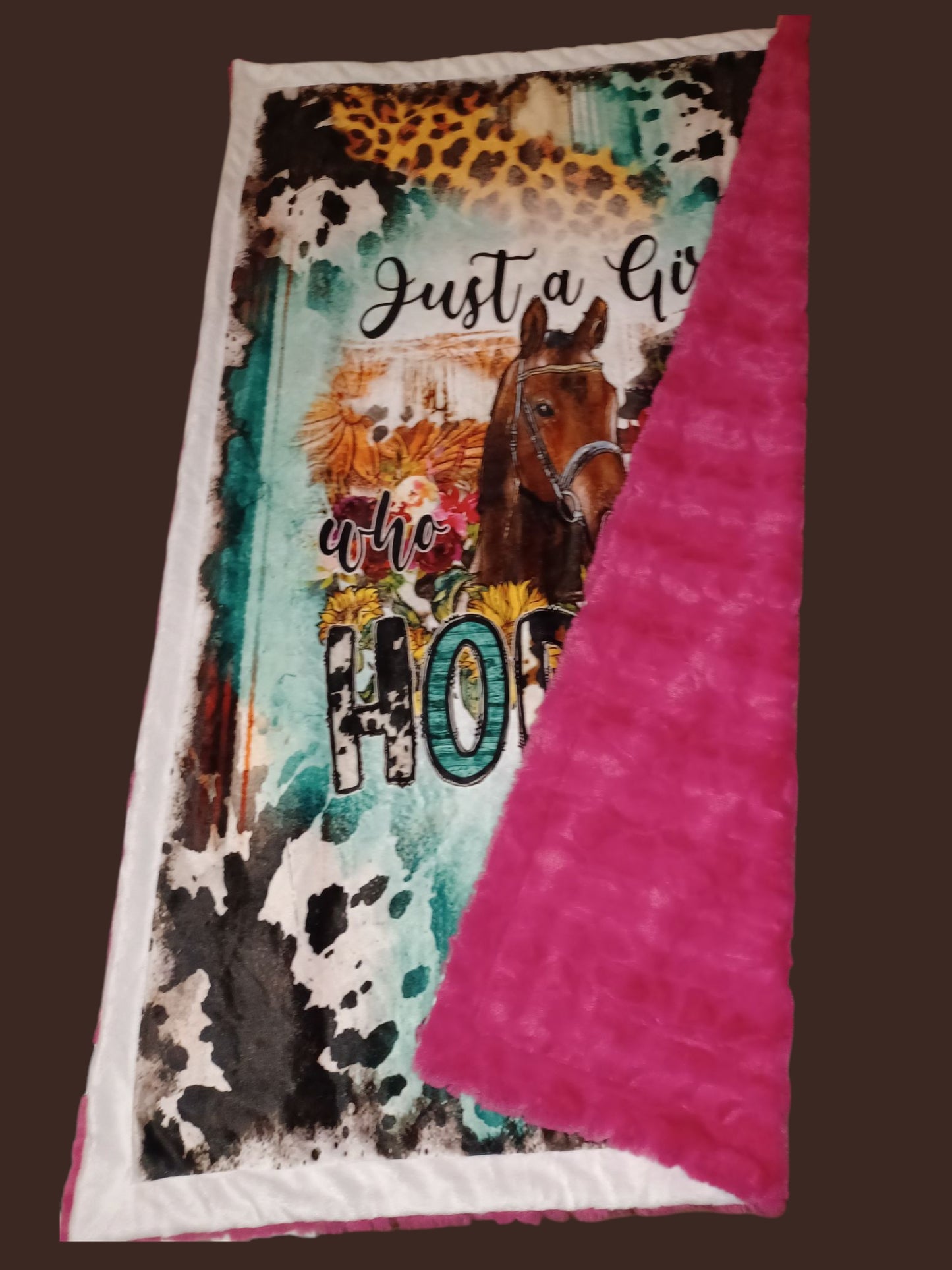36x60 horse print minky on bright rose Malibu