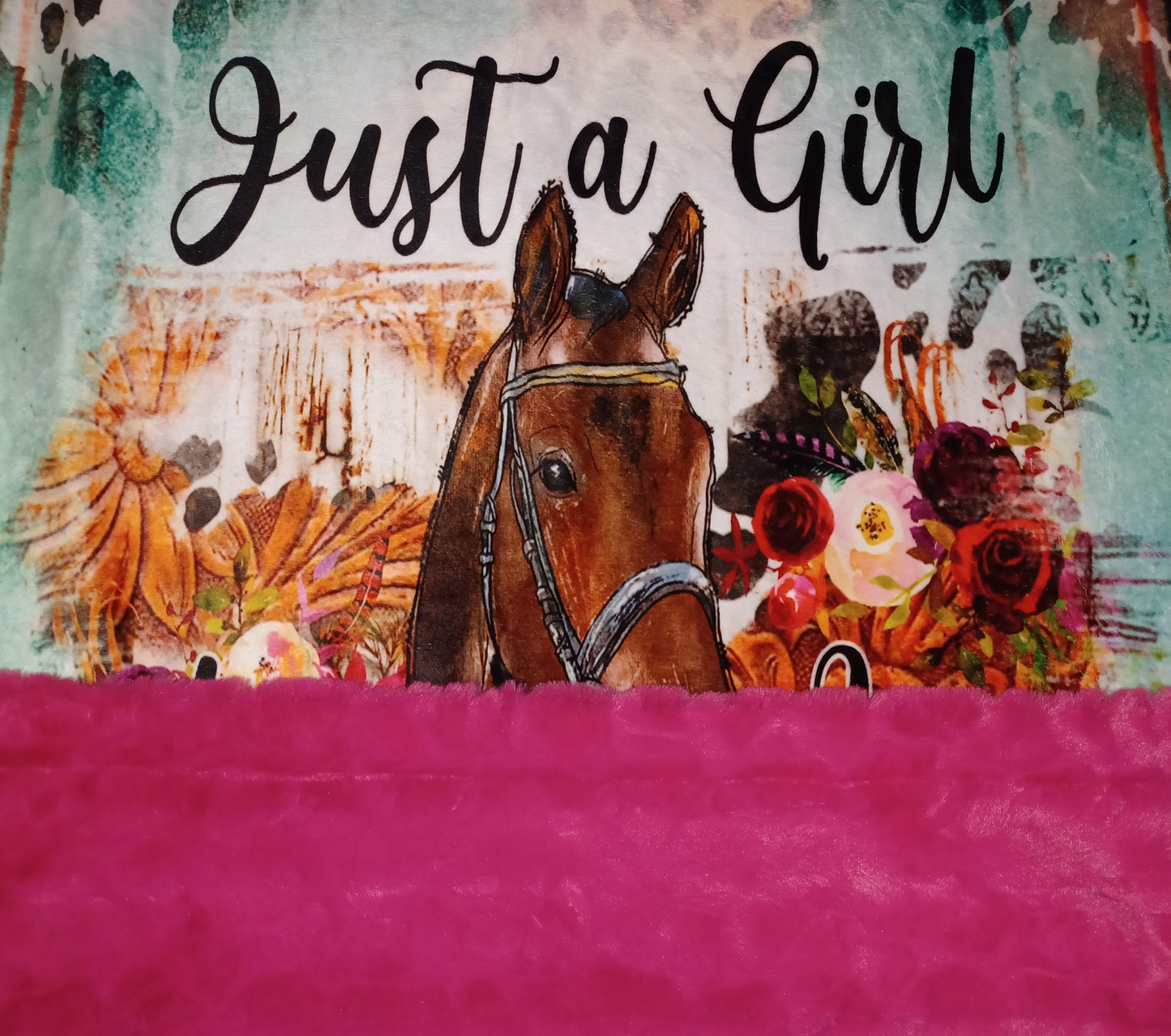 36x60 horse print minky on bright rose Malibu