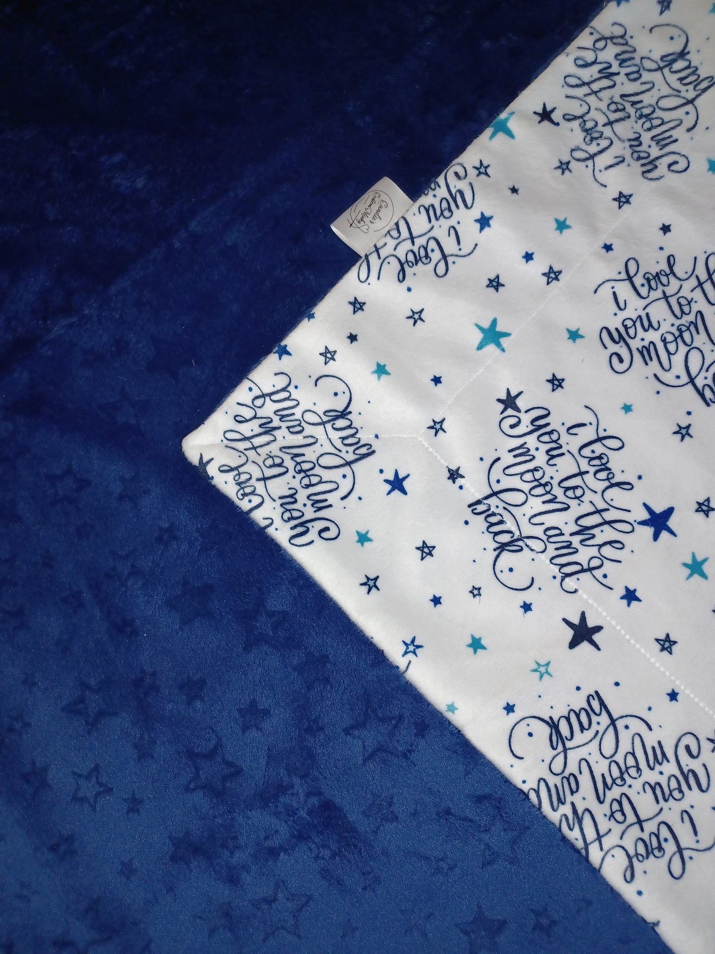 29x38 love you too the moon print on navy embossed stars